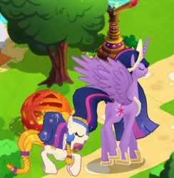 Size: 451x463 | Tagged: safe, derpibooru import, screencap, golden feather, princess celestia, twilight sparkle, spoiler:comic, spoiler:comic65, eyes closed, gameloft, image, jpeg, role reversal