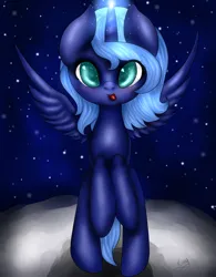 Size: 1024x1315 | Tagged: safe, artist:kinjareta, derpibooru import, princess luna, alicorn, pony, female, image, looking at you, mare, moon, night, on the moon, png, solo, starry background, tongue out