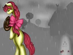 Size: 1024x768 | Tagged: safe, artist:kinjareta, derpibooru import, apple bloom, earth pony, pony, bow, braid, crying, death, depressing, female, image, mare, png, rain, sad, solo, standing on two hooves