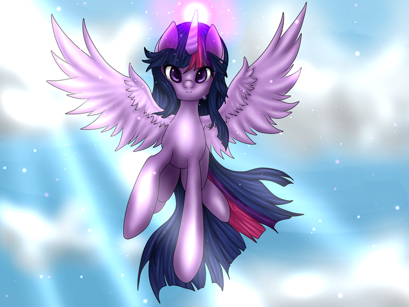 Size: 1024x768 | Tagged: safe, artist:kinjareta, derpibooru import, twilight sparkle, twilight sparkle (alicorn), alicorn, pony, blurry background, female, floating, glow, glowing horn, horn, image, looking at you, mare, png, solo, spread wings, wings