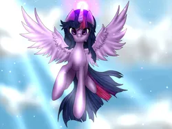 Size: 1024x768 | Tagged: safe, artist:kinjareta, derpibooru import, twilight sparkle, twilight sparkle (alicorn), alicorn, pony, blurry background, female, floating, glow, glowing horn, horn, image, looking at you, mare, png, solo, spread wings, wings