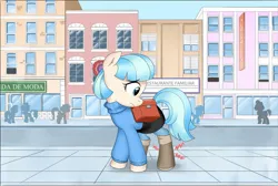 Size: 994x667 | Tagged: safe, artist:vinilyart, derpibooru import, coco pommel, earth pony, pony, blue sky, building, clothes, cocobetes, cute, dress, female, image, jacket, jpeg, mare, shoes, solo focus, street