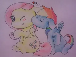 Size: 640x480 | Tagged: safe, artist:fluttersdoodles, derpibooru import, fluttershy, rainbow dash, chu, female, flutterdash, folded wings, image, jpeg, kiss on the cheek, kissing, lesbian, one eye closed, raised hoof, shipping, sitting, wings