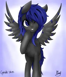Size: 1024x1188 | Tagged: safe, artist:kinjareta, derpibooru import, oc, oc:cyanide, unofficial characters only, pegasus, pony, female, image, jpeg, looking at you, mare, one eye closed, pegasus oc, raised hoof, simple background, smiling, solo, wings, wink, winking at you