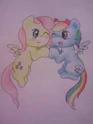 Size: 480x640 | Tagged: safe, artist:fluttersdoodles, derpibooru import, fluttershy, rainbow dash, female, flutterdash, flying, holding hooves, image, jpeg, lesbian, looking at each other, looking at someone, one eye closed, shipping, smiling, wink
