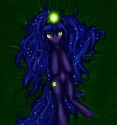 Size: 1024x1092 | Tagged: safe, artist:kinjareta, derpibooru import, oc, oc:fallen star, unofficial characters only, pony, unicorn, ethereal mane, female, glow, glowing horn, horn, image, jpeg, looking at you, lying down, mare, on back, prone, simple background, solo, starry mane, starry tail, tail