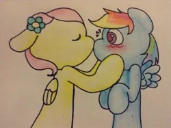 Size: 1280x956 | Tagged: safe, artist:fluttersdoodles, derpibooru import, fluttershy, rainbow dash, bipedal, blushing, eyes closed, flower, flower in hair, folded wings, image, jpeg, kiss on the lips, raised hoof, surprised, wings