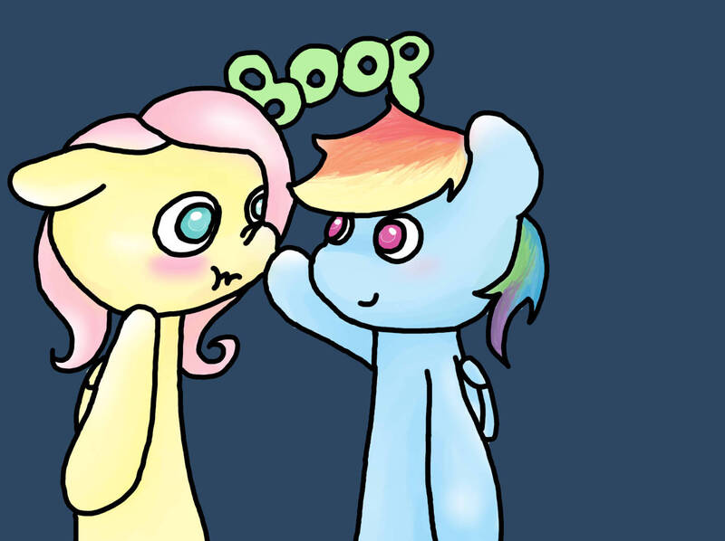 Size: 1280x956 | Tagged: safe, artist:fluttersdoodles, derpibooru import, fluttershy, rainbow dash, :t, bipedal, boop, female, flutterdash, image, jpeg, lesbian, looking at each other, looking at someone, shipping, smiling