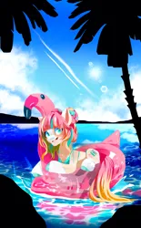 Size: 2536x4096 | Tagged: safe, artist:irusumau, derpibooru import, oc, unofficial characters only, earth pony, pony, beach, clothes, floaty, image, jpeg, ocean, palm tree, pool toy, sky, solo, sun, swimsuit, tree, water