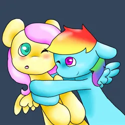 Size: 1280x1280 | Tagged: safe, artist:fluttersdoodles, derpibooru import, fluttershy, rainbow dash, blushing, female, flutterdash, folded wings, hug, image, jpeg, lesbian, one eye closed, shipping, surprised, wings