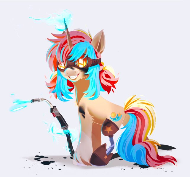 Size: 2048x1918 | Tagged: safe, artist:irusumau, derpibooru import, oc, unofficial characters only, pony, unicorn, amputee, blowtorch, goggles, image, jpeg, prosthetic leg, prosthetic limb, prosthetics, simple background, solo