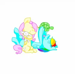 Size: 1280x1280 | Tagged: safe, artist:fluttersdoodles, derpibooru import, angel bunny, fluttershy, rainbow dash, tank, :p, angel bunny is not amused, female, flutterdash, hug, image, jpeg, lesbian, lying down, on back, shipping, sitting, smiling, tongue out, unamused