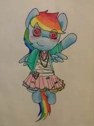 Size: 956x1280 | Tagged: safe, artist:fluttersdoodles, derpibooru import, rainbow dash, blushing, clothes, dress, flying, hippie, hoodie, image, jpeg, looking at you, waving, waving at you