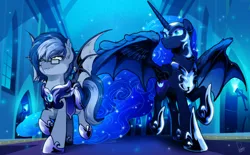 Size: 1020x632 | Tagged: safe, artist:dormin-dim, derpibooru import, nightmare moon, oc, oc:midnight snowstorm, alicorn, bat pony, bat pony alicorn, pony, armor, bat pony oc, bat wings, breastplate, commission, duo, ethereal mane, female, hoof shoes, horn, image, male, mare, moonlight, night, png, royal guard, royal guard armor, spread wings, stallion, two toned hair, walking, wings, ych result