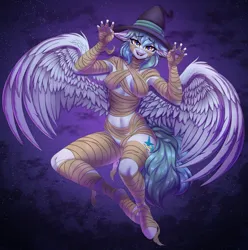 Size: 4150x4188 | Tagged: suggestive, artist:ask-colorsound, derpibooru import, oc, oc:siriusnavigator, unofficial characters only, anthro, pegasus, bandage, female, hat, image, png, solo, wings, witch hat