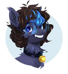 Size: 3780x4096 | Tagged: safe, artist:irusumau, derpibooru import, oc, unofficial characters only, bat pony, pony, bell, bust, collar, glasses, image, jpeg, solo