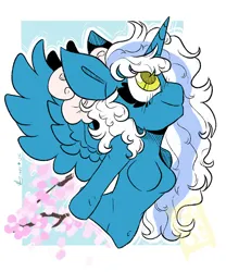 Size: 2500x3000 | Tagged: safe, artist:stinkygooby, derpibooru import, oc, oc:fleurbelle, unofficial characters only, alicorn, pony, semi-anthro, alicorn oc, belly button, blue background, bow, breasts, cherry blossoms, featureless breasts, female, flower, flower blossom, hair bow, horn, image, jpeg, mare, simple background, smiling, wings, yellow eyes