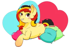 Size: 2491x1727 | Tagged: safe, artist:backgroundpony#f352, derpibooru import, oc, oc:chocolate sweets, unofficial characters only, earth pony, pony, eyes open, female, hairclip, heart, heart background, image, looking at you, lying down, mare, pillow, png, signature, simple background, smiling, solo, transparent background