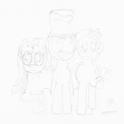 Size: 1920x1920 | Tagged: safe, artist:moon flower, derpibooru import, oc, oc:darkest hour, oc:moon flower, oc:noble pinions, unofficial characters only, alicorn, earth pony, pony, friendship is magic, 2019, clothes, derp, equine, female, feral, front view, ghastly gibbus (tf2), goggles, grayscale, group, hair, hasbro, hat, holding, hoof hold, hooves, horn, image, lineart, long hair, looking at you, lying down, mammal, mane, mare, monochrome, my little pony, nope, pencil drawing, png, pyrovision goggles (tf2), raised leg, sign, silly face, simple background, sitting, smiling, standing, star (facial marking), tail, team fortress 2, torn clothes, traditional art, trio