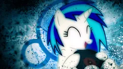 Size: 1920x1080 | Tagged: safe, artist:namelesshero2222, artist:tygerxl, derpibooru import, edit, vinyl scratch, pony, unicorn, abstract background, circle, eyes closed, female, grunge, happy, image, mare, name, open mouth, open smile, png, record, smiling, solo, wallpaper, wallpaper edit
