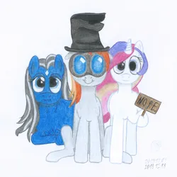 Size: 1920x1920 | Tagged: safe, artist:moon flower, derpibooru import, oc, oc:darkest hour, oc:moon flower, oc:noble pinions, unofficial characters only, alicorn, earth pony, pony, friendship is magic, 2019, clothes, colored, colored pencil drawing, derp, equine, female, feral, front view, ghastly gibbus (tf2), goggles, group, hair, hasbro, hat, holding, hoof hold, hooves, horn, image, long hair, looking at you, lying down, mammal, mane, mare, my little pony, nope, pencil drawing, png, pyrovision goggles (tf2), raised leg, sign, silly face, simple background, sitting, smiling, standing, star (facial marking), tail, team fortress 2, torn clothes, traditional art, trio