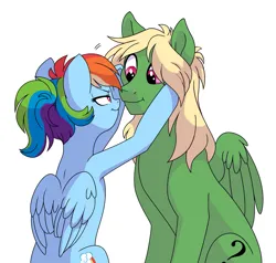 Size: 1077x1024 | Tagged: artist needed, safe, derpibooru import, rainbow dash, oc, oc:anon stallion, earth pony, pegasus, pony, alternate hairstyle, blonde, blonde hair, canon x oc, hair over eyes, image, motherly, png, ponytail