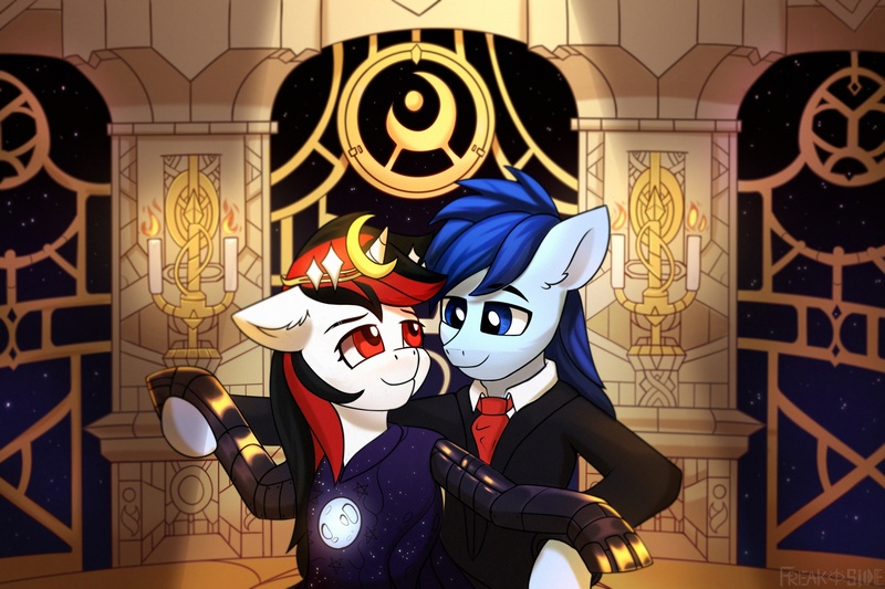 Size: 2560x1707 | Tagged: safe, alternate version, artist:freak-side, derpibooru import, oc, oc:blackjack, pony, unicorn, fallout equestria, fallout equestria: project horizons, dancing, digital art, duo, fanfic art, female, image, jpeg, looking at each other, looking at someone, male, necktie