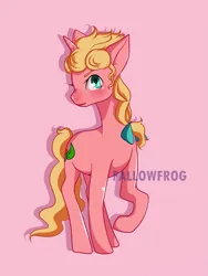 Size: 2435x3235 | Tagged: artist needed, safe, derpibooru import, ponified, pony, anime, blonde hair, blonde mane, blue eyes, braid, closed mouth, curly hair, cutie mark, eyelashes, giorno giovanna, golden wind, horn, image, jojo's bizarre adventure, looking at you, meta, pink background, pink skin, png, simple background, twitter, twitter link, vento aureo, watermark, wavy mane