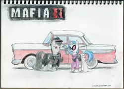 Size: 2074x1496 | Tagged: safe, artist:apocheck13, derpibooru import, octavia melody, vinyl scratch, car, clothes, female, gun, handgun, image, jpeg, mafia, mafia octavia, pistol, weapon