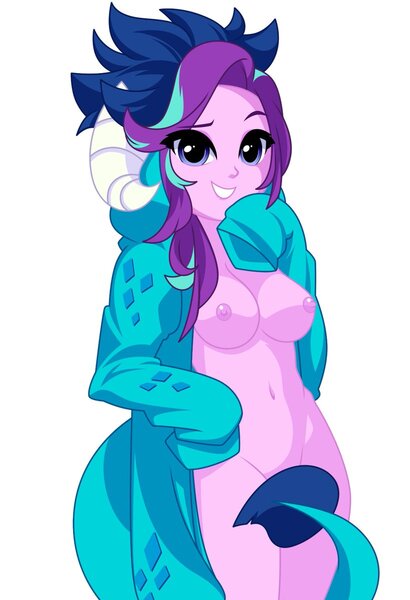 Size: 820x1200 | Tagged: questionable, artist:rosemile mulberry, derpibooru import, princess ember, starlight glimmer, equestria girls, absolute cleavage, belly button, big breasts, bottomless, braless, breasts, busty starlight glimmer, casual nudity, cleavage, clothes, costume, covering, cute, erect nipples, eyebrows, female, glimmerbetes, grin, hoodie, horny, image, implied princess ember, jpeg, kigurumi, naked hoodie, nipples, no panties, no underwear, nudity, open clothes, partial nudity, raised eyebrow, sexy, simple background, smiling, smirk, smug, solo, solo female, white background