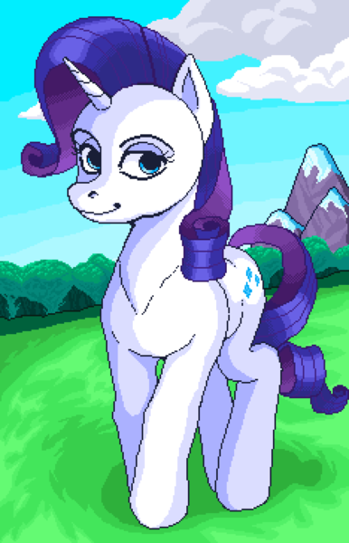 Size: 1170x1820 | Tagged: safe, artist:kotle1ka, derpibooru import, rarity, pony, unicorn, cloud, grass, image, mountain, pixel art, png, solo