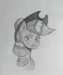 Size: 1720x2048 | Tagged: safe, artist:kotle1ka, derpibooru import, applejack, applejack's hat, cowboy hat, grayscale, hat, image, jpeg, monochrome, pencil drawing, solo, traditional art