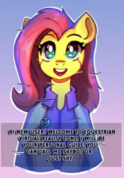 Size: 1822x2600 | Tagged: safe, artist:freak-side, derpibooru import, fluttershy, android, pegasus, robot, clothes, cosplay, costume, detroit: become human, image, jpeg, looking at you, simple background, smiling, text