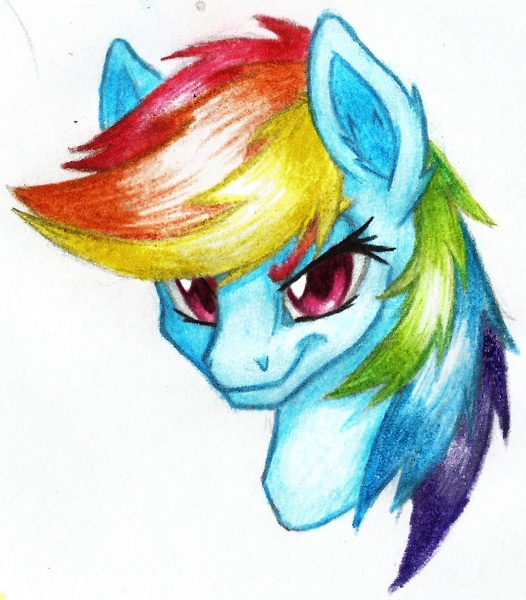 Size: 1564x1783 | Tagged: safe, artist:thatonegib, derpibooru import, rainbow dash, bust, colored pencil drawing, ear fluff, female, grin, image, jpeg, looking at you, portrait, smiling, solo, traditional art