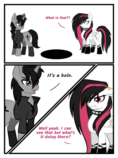 Size: 960x1280 | Tagged: safe, artist:nerdial, artist:ruchiyoto, derpibooru import, oc, oc:black cross, oc:emala jiss, unofficial characters only, pony, unicorn, zebra, comic:the hole (meme), comic, female, image, jpeg, male, mare, stallion