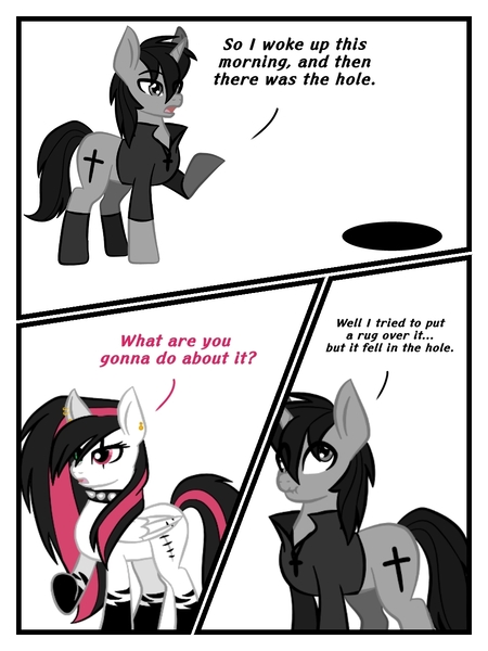 Size: 960x1280 | Tagged: safe, artist:nerdial, artist:ruchiyoto, derpibooru import, oc, oc:black cross, oc:emala jiss, unofficial characters only, pony, unicorn, zebra, comic:the hole (meme), comic, female, image, jpeg, male, mare, stallion