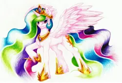 Size: 3383x2310 | Tagged: safe, artist:thatonegib, derpibooru import, princess celestia, clothes, colored pencil drawing, cutie mark, ethereal mane, ethereal tail, frown, image, jewelry, jpeg, looking at you, necklace, raised hoof, regalia, shoes, solo, spread wings, tail, traditional art, unshorn fetlocks, wings