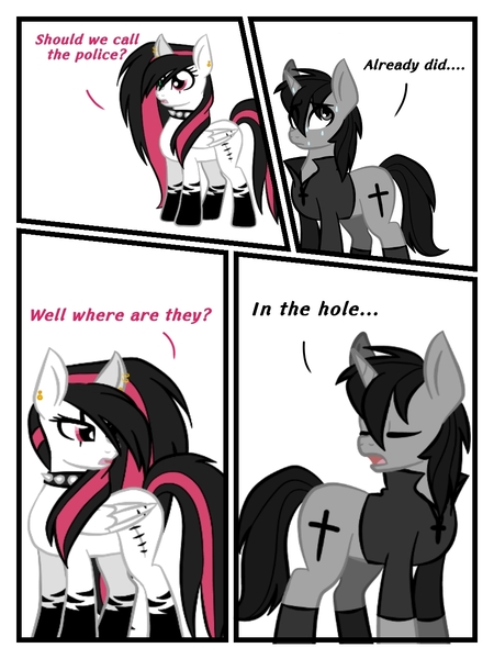 Size: 960x1280 | Tagged: safe, artist:nerdial, artist:ruchiyoto, derpibooru import, oc, oc:black cross, oc:emala jiss, pony, unicorn, zebra, comic:the hole (meme), comic, female, image, jpeg, male, mare, stallion