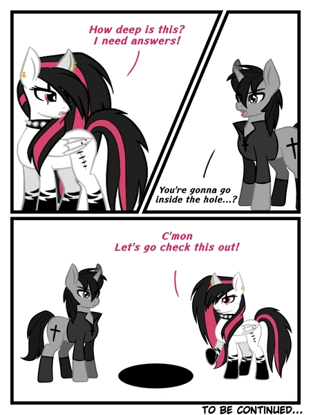 Size: 960x1280 | Tagged: safe, artist:nerdial, artist:ruchiyoto, derpibooru import, oc, oc:black cross, oc:emala jiss, pony, unicorn, zebra, comic:the hole (meme), comic, female, image, jpeg, male, mare, stallion