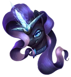 Size: 1468x1594 | Tagged: safe, artist:thatonegib, derpibooru import, nightmare rarity, pony, unicorn, bust, collar, female, flowing mane, glow, glowing horn, horn, image, jewelry, looking at you, mare, necklace, png, portrait, simple background, solo, transparent background