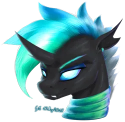 Size: 2954x2884 | Tagged: safe, artist:thatonegib, derpibooru import, oc, oc:lingwave, unofficial characters only, changeling, bust, changeling oc, ear piercing, earring, eyelashes, eyeshadow, image, jewelry, looking at you, makeup, multicolored hair, neck rings, paint tool sai, paint tool sai 2, piercing, png, portrait, signature, simple background, smiling, solo, teeth, transparent background