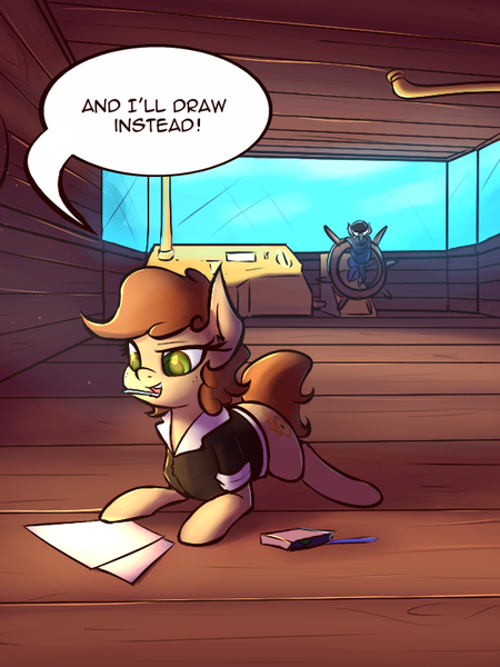 Size: 600x800 | Tagged: safe, artist:subjectnumber2394, derpibooru import, oc, oc:copper wings, pegasus, pony, ask, ask copper wings, clothes, colt, comic, drawing, foal, image, jacket, lying down, male, mouth hold, paper, pencil, png, prone, steering wheel, wingless