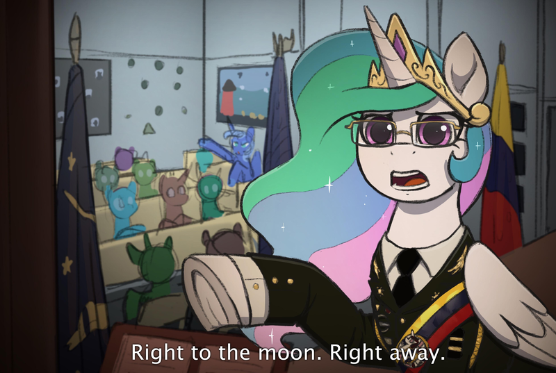 Size: 3909x2625 | Tagged: safe, artist:selenophile, derpibooru import, princess celestia, princess luna, clothes, detailed background, dictator, flag, glasses, image, meme, open mouth, png, s1 luna, underhoof