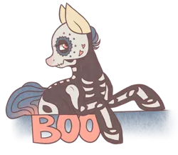 Size: 690x600 | Tagged: safe, artist:cloudbrownie, derpibooru import, oc, oc:psyque, unofficial characters only, earth pony, pony, bone, clothes, costume, female, halloween, halloween costume, holiday, image, looking at you, mare, png, side view, simple background, skeleton costume, solo, transparent background