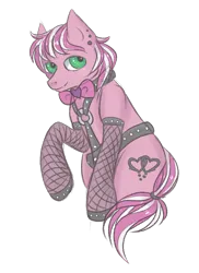 Size: 800x1100 | Tagged: suggestive, artist:cloudbrownie, derpibooru import, oc, oc:lovelock, unofficial characters only, earth pony, bowtie, fishnets, harness, image, looking at you, piercing, png, raised hoof, simple background, tack, transparent background