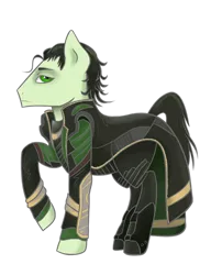 Size: 900x1171 | Tagged: safe, artist:cloudbrownie, derpibooru import, ponified, earth pony, pony, avengers, crossover, image, loki, looking at you, male, mischievous, png, raised hoof, side view, simple background, solo, stallion, transparent background