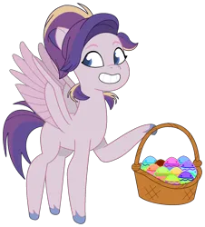 Size: 1388x1536 | Tagged: safe, artist:westrail642fan, oc, oc:shooting star (r&f), pegasus, my little pony: tell your tale, basket, easter egg, female, image, parent:oc:david wyne, parent:princess cadance, parents:canon x oc, pegasus oc, png, simple background, solo, spread wings, style emulation, trace, transparent background, wings