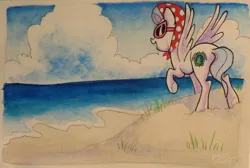 Size: 900x605 | Tagged: safe, artist:peachykeenponies, derpibooru import, oc, oc:peachy keen, unofficial characters only, pegasus, pony, beach, image, jpeg, solo, sunglasses