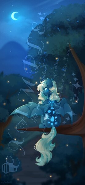 Size: 1080x2340 | Tagged: safe, artist:cofiiclouds, derpibooru import, oc, unofficial characters only, bat pony, firefly (insect), insect, pony, forest, image, jpeg, moon, night, solo, tree, tree branch, watermark