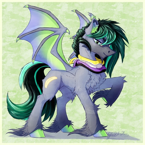 Size: 1225x1228 | Tagged: safe, artist:thatonegib, derpibooru import, oc, unofficial characters only, bat pony, bandana, bat pony oc, bat wings, commission, cutie mark, derpibooru exclusive, image, jpeg, looking at you, multicolored hair, neckerchief, raised hoof, smiling, solo, unshorn fetlocks, wings, ych result